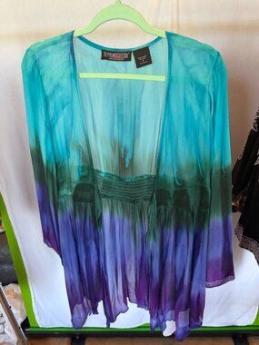 The Pyramid Collection Ombre Tie Dye Sheer Smocked Duster Kimono Cardigan S